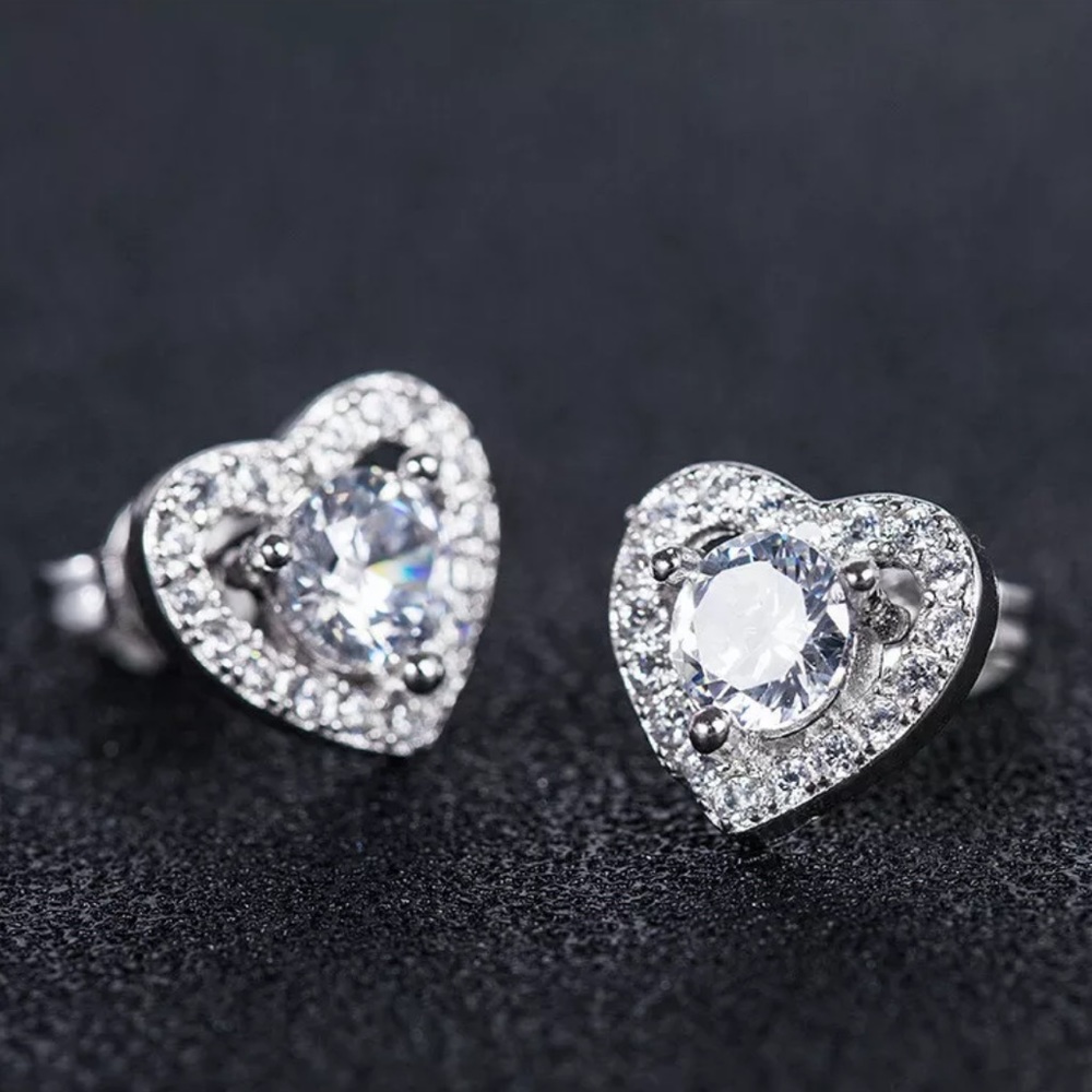Silver Diamond Heart Stud Earrings